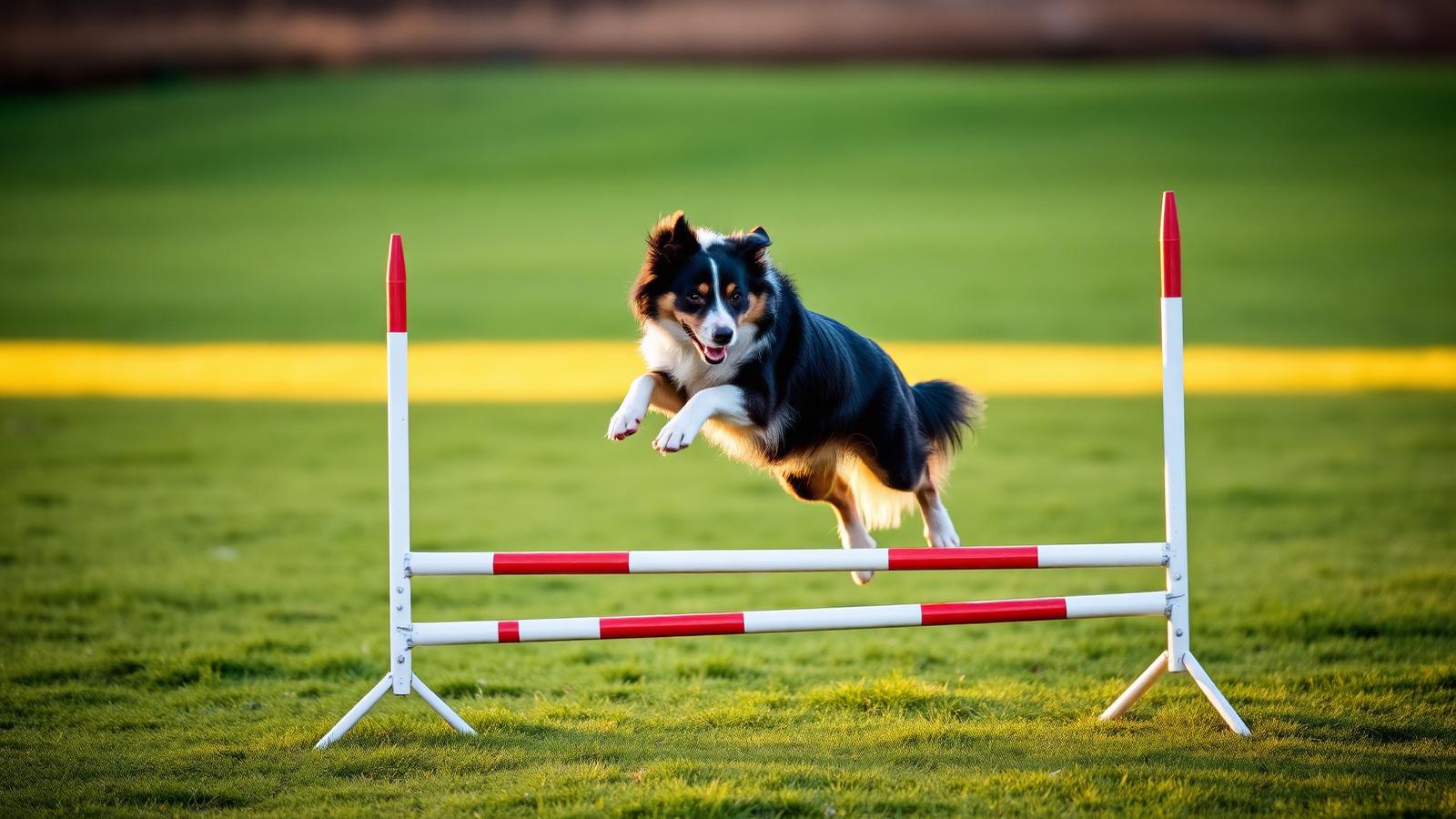 Cane meticcio a pelo lungo che supera un salto in un percorso di agility su prato