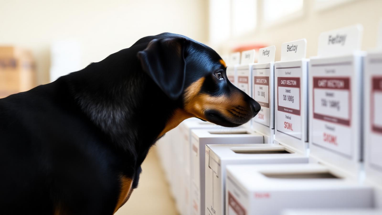 Cane nero focato annusa una fila di scatole durante un esercizio di detection al chiuso