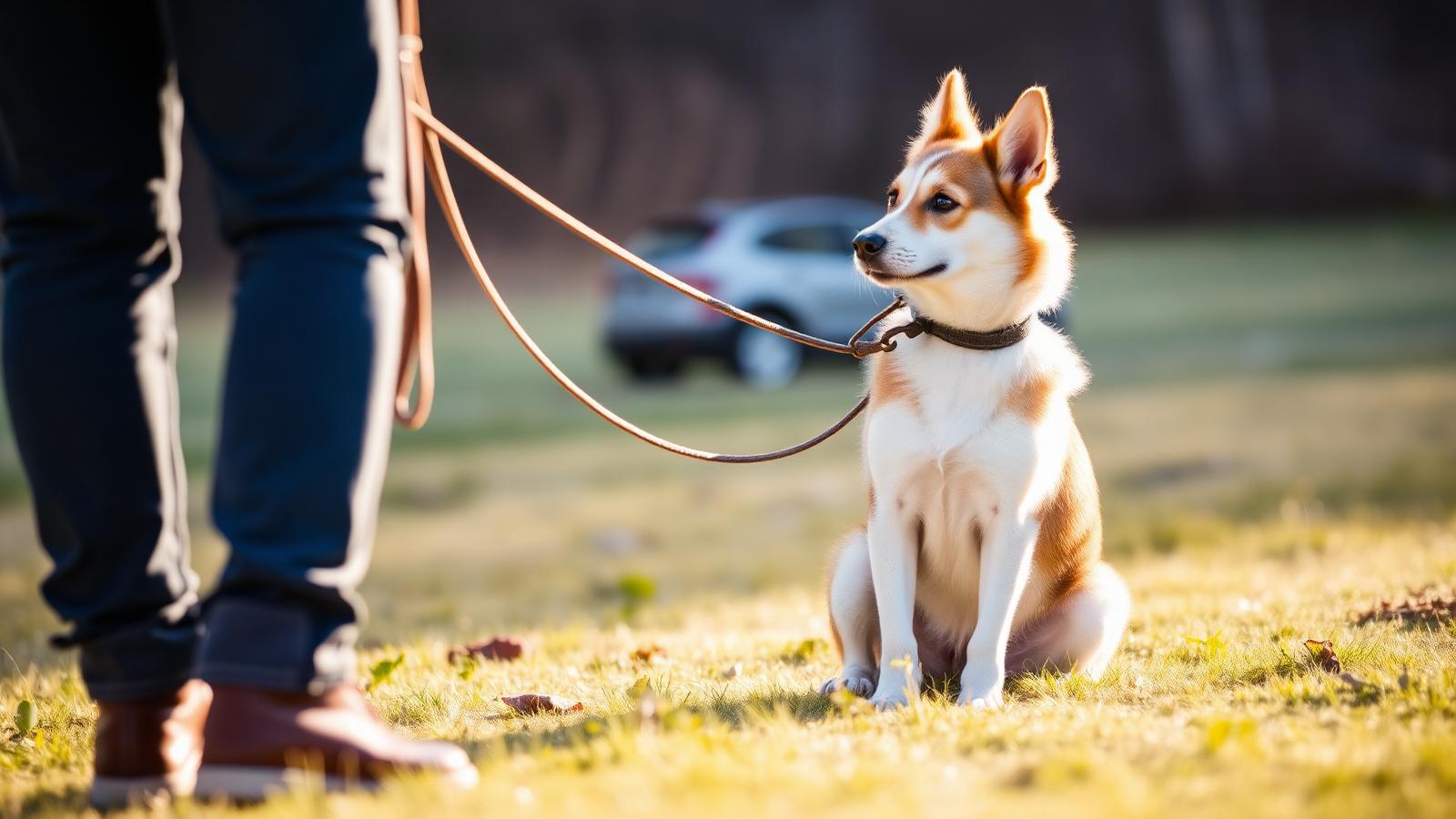 Cane seduto attento al guinzaglio accanto al proprietario durante una lezione di educazione di base su prato