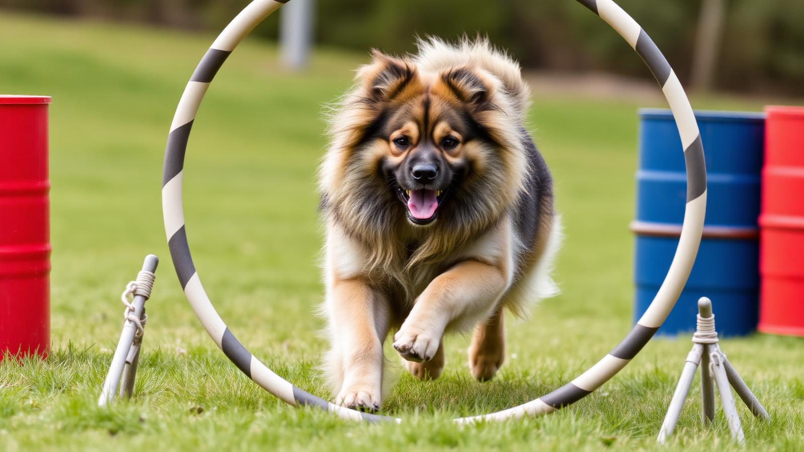 Grande cane a pelo lungo attraversa un arco in un percorso di hoopers con barrel colorati