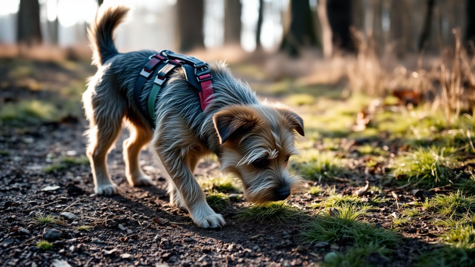 Piccolo cane meticcio con pettorina segue una traccia olfattiva su un sentiero nel bosco