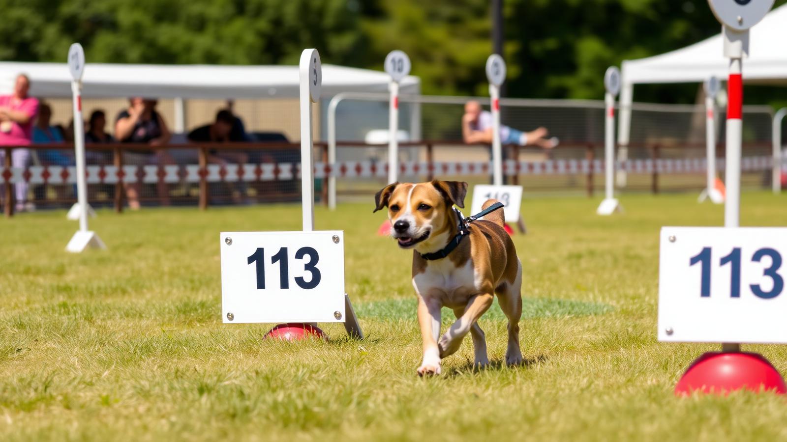 Cane meticcio in condotta accanto al conduttore lungo un percorso di rally obedience con cartelli numerati